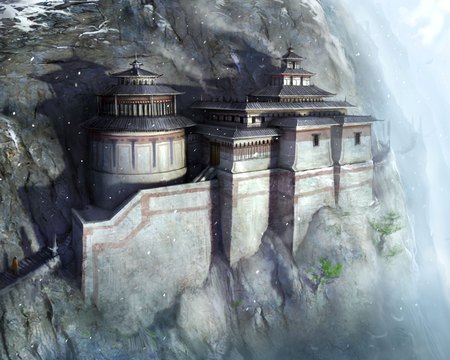 Temple Retreat - cg, abstract, artwork, cliff, monk, temple, 3d, steps