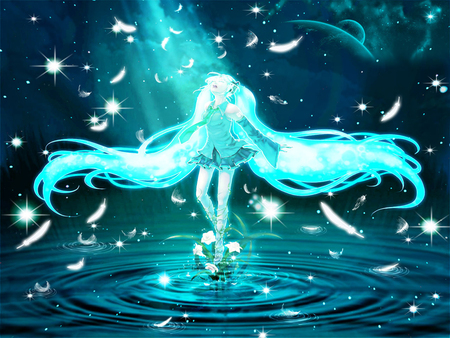 Light Fall Feathers - female, water drop, hatsune miku, night, grow light, flower, light, fall, sunray, miku, sing, feahters, sky, hair long