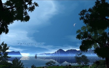 SOUND OF SILENCE - clouds, moon, trees, birds, silence, blue, ship, ocean, dusk, mountains, sky