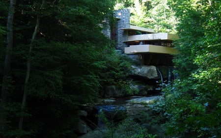 A Home in the Forest - house, waterfall, beautiful, green, stream, forest, architecture