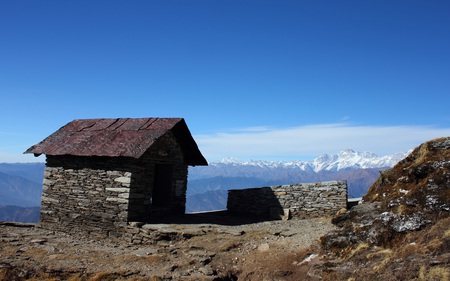 A Shelter in the Himalayas - mountains, capped, nature, shelter, snow, clouds, blue, beautiful, skies