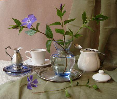 coffee time - flowers, vase, shuggar pot, lovely, still life, coffe pot, cup