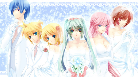 Vocaloids - pretty, brown, kagamine len, pink, light, flowers, kaito, blue hair, nice, anime boy, program, wedding, beauty, virtual, suits, white, megurine luka, cute, aqua eyes, song, anime, blue, meiko, twintail, dress, blonde, hatsune miku, wedding dress, stars, boy, music, aqua, kagamine rin, pink hair, idol, anime girl, beautiful, singer, girl, blonde hair, cool, brown hair, glow, awesome, diva