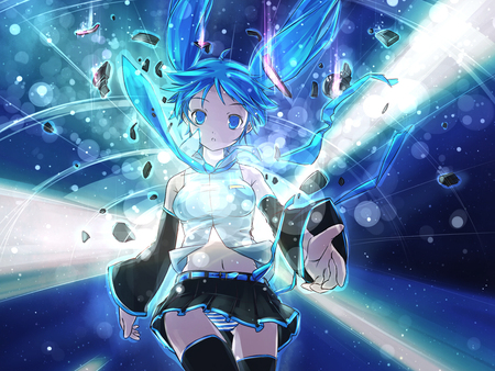 Hatsune Miku - aqua, headset, thighhighs, music, anime girl, white, art, cool, aqua eyes, artistic, hatsune miku, skirt, light, song, space, vocaloids, program, glow, vocaloid, beautiful, uniform, shatter, diva, beauty, nice, twintail, singer, aqua hair, black, virtual, pretty, idol, anime, miku, cute, stars, girl, cg, hatsune, microphone, blue, headphones, tie, awesome, digital, gray