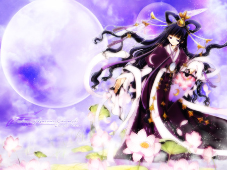 Tsubasa Reservoir Chronicle - moon, female, cherry blossom, tsubasa reservoir chronicle, cloud, flower, sky