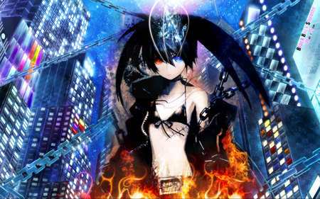 Black Rock City - black rock shooter, blue eye, female, red eye, fire, city, night, sexy