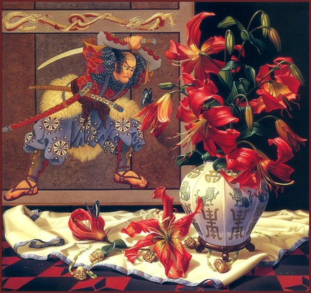 Samurai and Red Lilies - vase, lilie, samurai, art