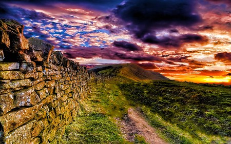 The Missing Path - sky, green land, path, clouds, wall, mountain