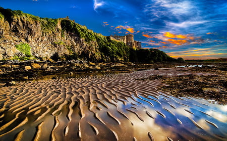 Reflection - beach, texture, reflection, mountain, sky