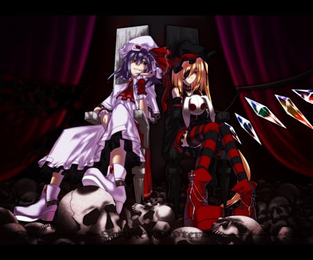 Scarlet Sisters - girls, remilia scarlet, flandre scarlet, throne, wings, gothic, black, stockings, touhou, chair, dark, red, anime, sisters, skulls, cute