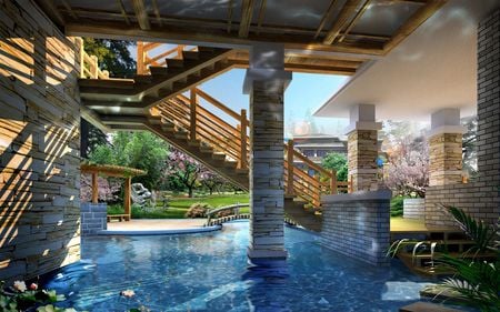 Great place for a pool - house, swimming pool, stone, water, column, landscape, outdoor, steps, flowers, stairs, design, pool, garden, bridge