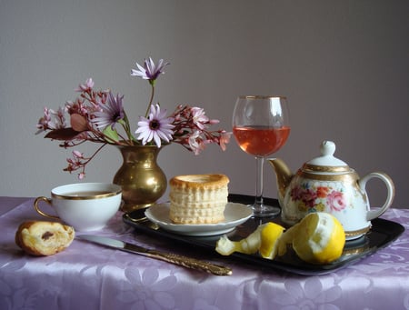 time for tea - cookies, flowers, vase, still life, cup, tea, lovely, lemon, teapot