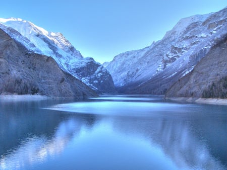 Magic blue - water, magic, blue, amazing, beautiful, landscape, beauty, reflection, white, nature, background, mountains, lakes, sky