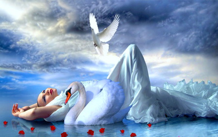 Keeper of the swans - woman, swans, ocean, rose petals, waves, foam