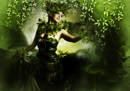 In green - leaves, woman, green, fantasy