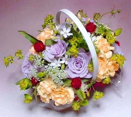 Basket of spring - roses, peach, basket, spring, carnations, mauve, red, colors, flowers