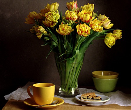 Yellow Ruffles - cups, vase, white table scarf, pie, yellow tulips, still life, table scarf, flowers, plate, tulips, dessert