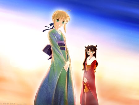 The New Day - pretty, saber, arturia, game, anime, blue sky, sunrise, kimono, servant, master, rin, cute, fate stay night