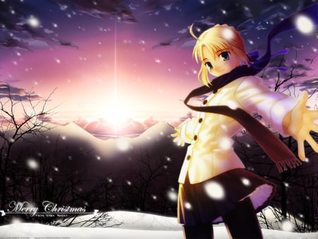 Look Beautiful isn't it.... - pretty, saber, arturia, anime, fied, scenery, snow, sunrise, servant, mountain, king, game, winter, girl, scarf, cute, fate stay night