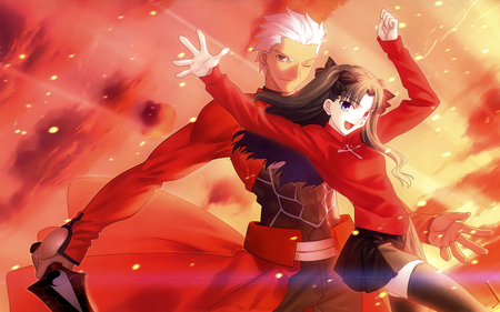 Together... - male, servant, girl, archer, fate stay night, kanshou, emiya, rin, game, man, anime, smile, master