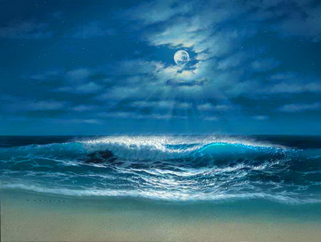 Ocean song - beach, waves, blue sky, night, moonlight