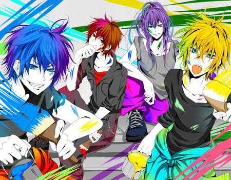 the vocaloids - colorful, cute, vocaloids, blue red yellow and purple