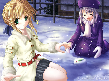 In The Winter Park.. - saber, servant, ilya, winter, bunny, fate stay night, white, arturia, play, game, snow, anime, master