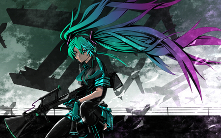 Hatsune Miku - gun, thigh highs, aqua hair, singer, planes, pretty, aqua eyes, cute, hatsune miku, artist, skirt, long hair, megaphone, twin tails, vocaloid, love is war, tie, awesome, diva