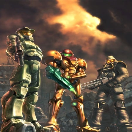 Team up - gun, metroid, game, halo, killzone, armor