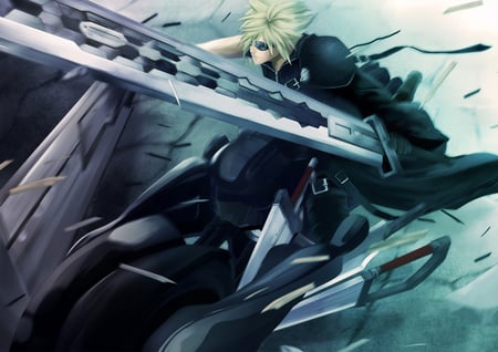 Cloud Strife - glasses, swords, final fantasy, motorcycle, advent children, ff7, cloud, blonde hair, anime, video games, weapons, cloud strife, spiky hair