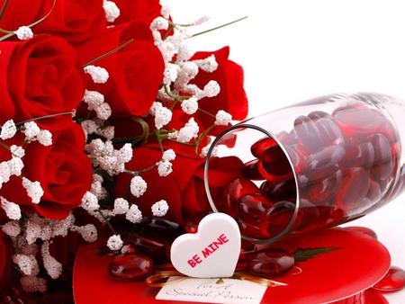 Be Mine - gift, roses, heart, bouquet, rose, still life, white, hearts, valentines day, love, glass, valentine, candy, valentines, chocolates, red, flowers