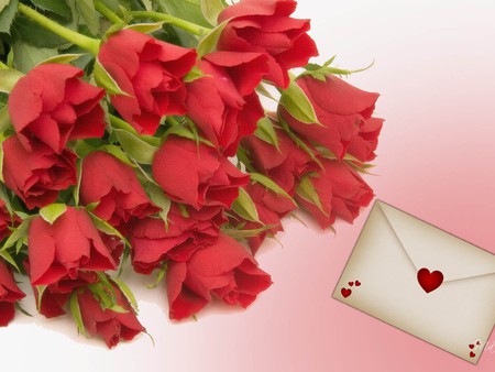 With Love - love, letter, gift, roses, heart, red, bouquet, rose