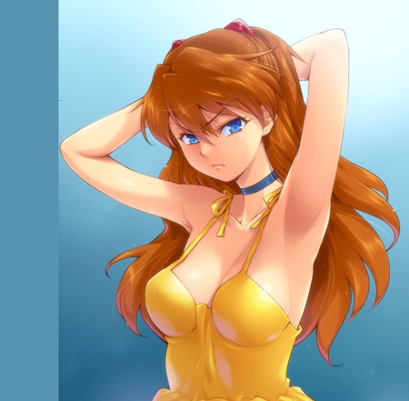 My Hair is Not Behaving - woman, beauty, fantasy, yellow outfit, face, pretty, neon genesis evangelion, anime, cute, sexy, girl, blue eyes, asuka langley soryu, red hair, evangelion, beautiful, asuka, babe