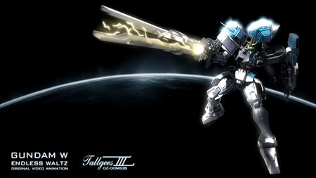 Mega Cannon !! - cannon, anime, blue, green eyes, charging, white, mecha, movie, zech, gundam wing endless waltz, tallgeese