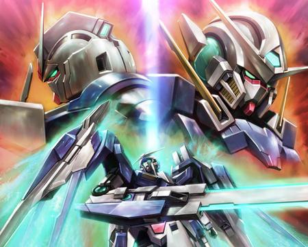 The Evolution - exia gundam, anime, 0 raiser, 0 gundam, gn, gundam, 00 gundam, particle, gundam 00, green, mecha, 00 raiser, setsuna