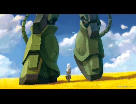 Whoa... - zaku, little girl, yellow, legs, green, mecha, flower field, gundam