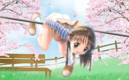 Girl-at-bar - nature, sky, girl, clouds, eyes, anime, flowers, grass