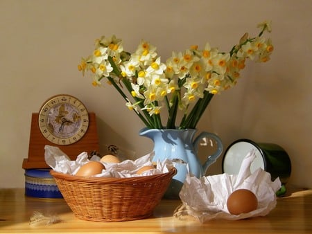 still life - eggs, beautiful, photography, clock, spring, kettle, photo, cool, flower, still life, bouquet, harmony, flowers, nice