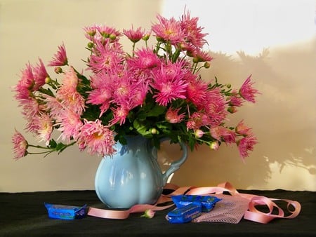 still life - nice, photography, chrysanthemum, band, bouquet, still life, candy, cool, pink, beautiful, jug, flowers, photo, flower, elegantly, harmony