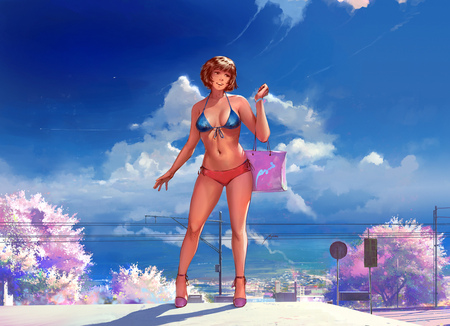 Summer time - girl, anime, summer, sky