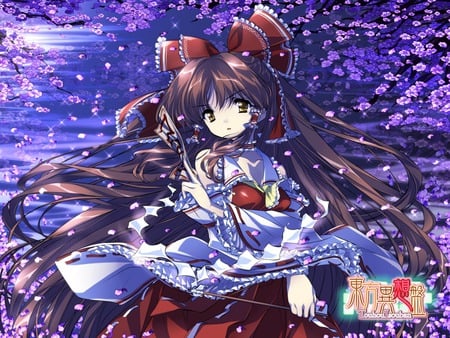 Hakurei Reimu - miko, touhou, game, girl, petals, anime, hakurei reimu