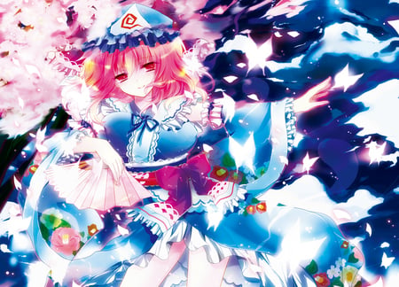 Yuyuko - touhou, butterfly, sakura, game, girl, anime, saigyouji yuyuko