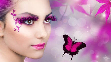 Butterfly Eyes - abstract, bokeh, butterflies, eyes, pink, firefox persona, leaves, woman, butterfly wings, sexy