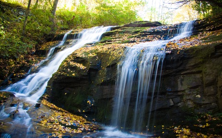 Dual Cascades - waterfalls, nature, beautiful, stream, mounatin, forest