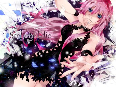 Megurine Luka - aqua, hot, thighhighs, scattered die, music, anime girl, white, pink white, art, cool, aqua eyes, artistic, sexy, song, vocaloids, program, vocaloid, beautiful, pink, diva, dress, beauty, nice, singer, black, virtual, painting, pretty, idol, megurine luka, anime, cute, megurine, luka, black dress, girl, pink hair, drawing, cg, digital, awesome, crystals