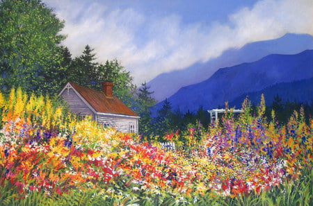 flower country - sky, flowers field, house, clouds