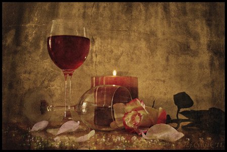 evening - candle, rose, glas, wine