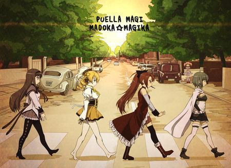 (L t R) Homura,Mami,Sakura,and Miki - madokaa, yellow, red, magica, walk