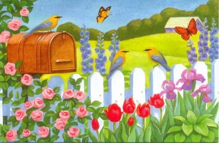 spring  fence - flowers, bird, barn, butterfly, grass, mailbox, fence