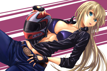 Kaeru - beauty, woman, helmet, sexy, bike, girl, blue eyes, long hair, blond, face, gorgeous, pretty, beautiful, anime, kaeru, babe